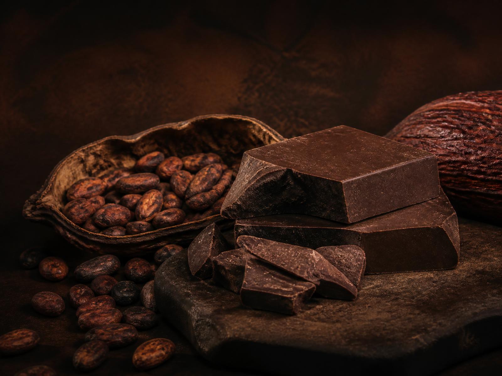 Pasta de cacao puro, granos y mazorca de cacao sobre superficie oscura